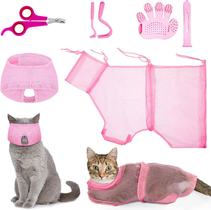Patelai cat bathing bag set front view showing pink mesh shower net and tools