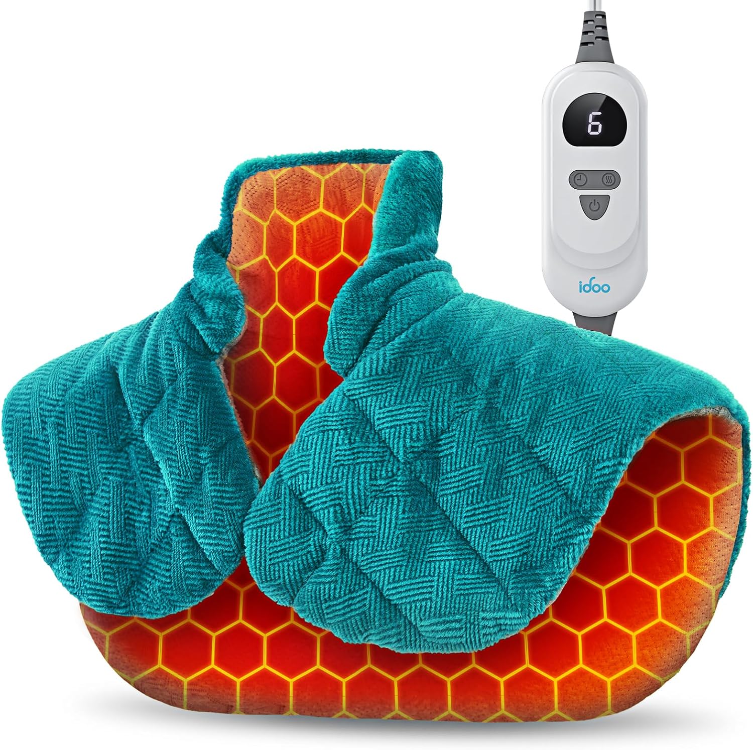 iDOO graphene infused heating pad front view in blue color displaying the wearable design