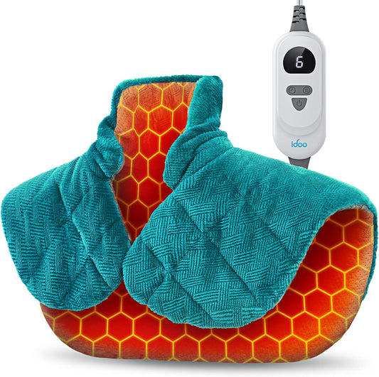 iDOO graphene infused heating pad front view in blue color displaying the wearable design