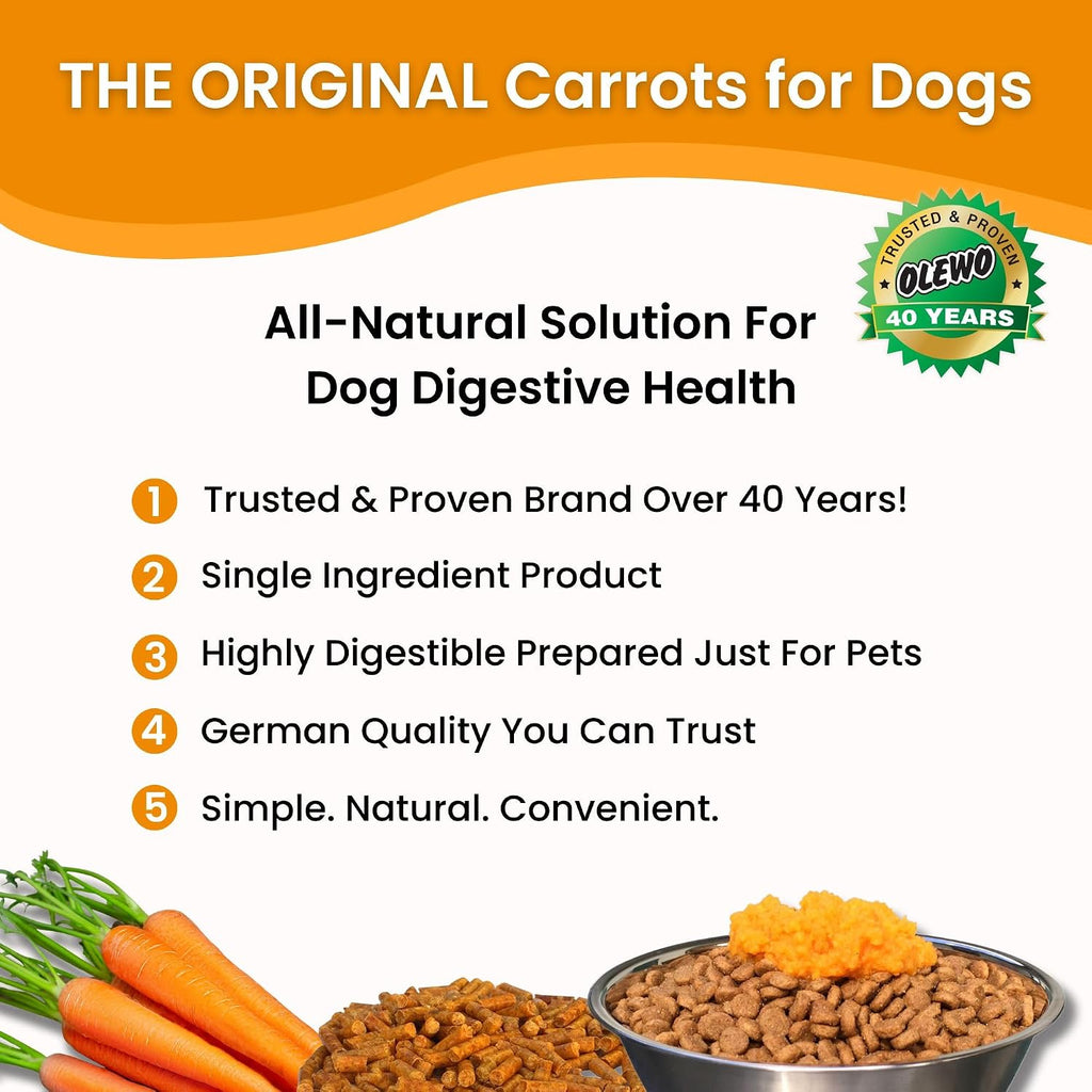 Olewo carrot supplement pellets on a plate for dog feeding