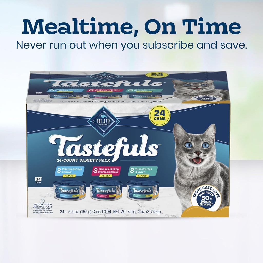 Blue Buffalo Tastefuls Flaked Adult Wet Cat Food Variety Pack (Tuna, Chicken, Fish & Shrimp), Natural Ingredients Enhanced with Vitamins, Minerals & Other Nutrients, 5.5-oz. Each (24 Cans) - Image 10