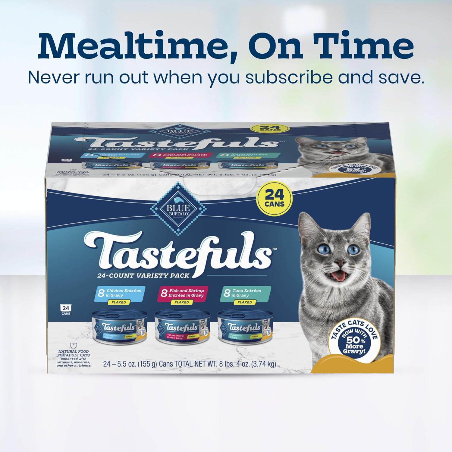 Blue Buffalo Tastefuls Flaked Adult Wet Cat Food Variety Pack (Tuna, Chicken, Fish & Shrimp), Natural Ingredients Enhanced with Vitamins, Minerals & Other Nutrients, 5.5-oz. Each (24 Cans) - Image 10