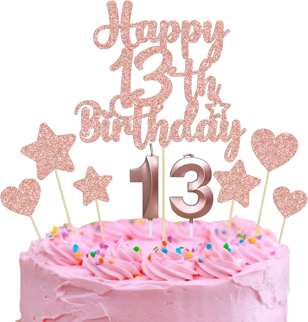 Gyufise 15Pcs Happy 13th Birthday Cake Topper Set with Heart Star Glitter Cheers to 13 Years Cake Picks Number 13 Candles Cake Decorations for Happy 13th Birthday Anniversary Party Supplies Rose Gold - Image 1