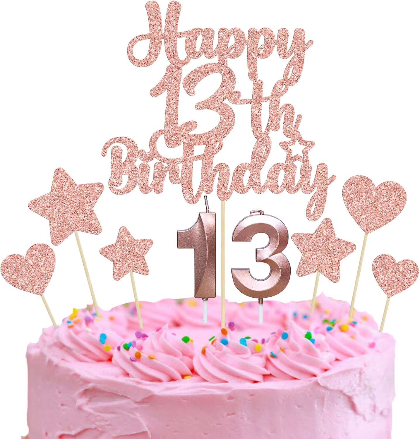 Gyufise 15Pcs Happy 13th Birthday Cake Topper Set with Heart Star Glitter Cheers to 13 Years Cake Picks Number 13 Candles Cake Decorations for Happy 13th Birthday Anniversary Party Supplies Rose Gold - Image 1