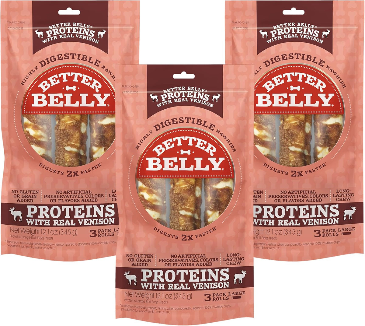 Better Belly Proteins with Real Venison Large Rolls 3 Count, Digestible Rawhide for Dogs, 12.1 Ounce (Pack of 1) - Image 9