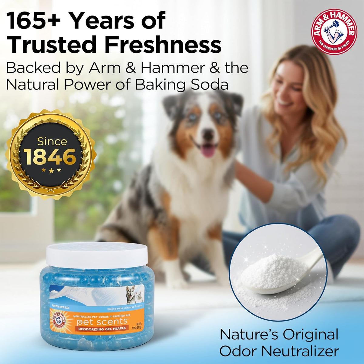 Deodorizing gel beads by Arm & Hammer showing the vented safety lid