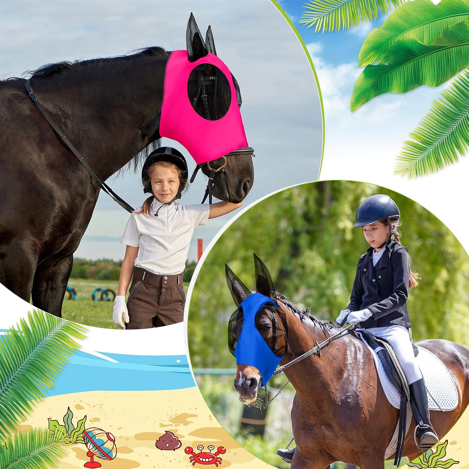 Horse wearing purple elastic fly mask for UV protection