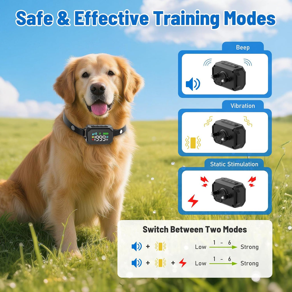 Waterproof IPX7 electronic training collar for dogs over eighteen pounds.