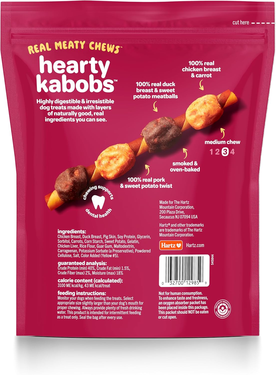Hartz Oinkies rawhide free kabob treats showing chicken breast and sweet potato layers