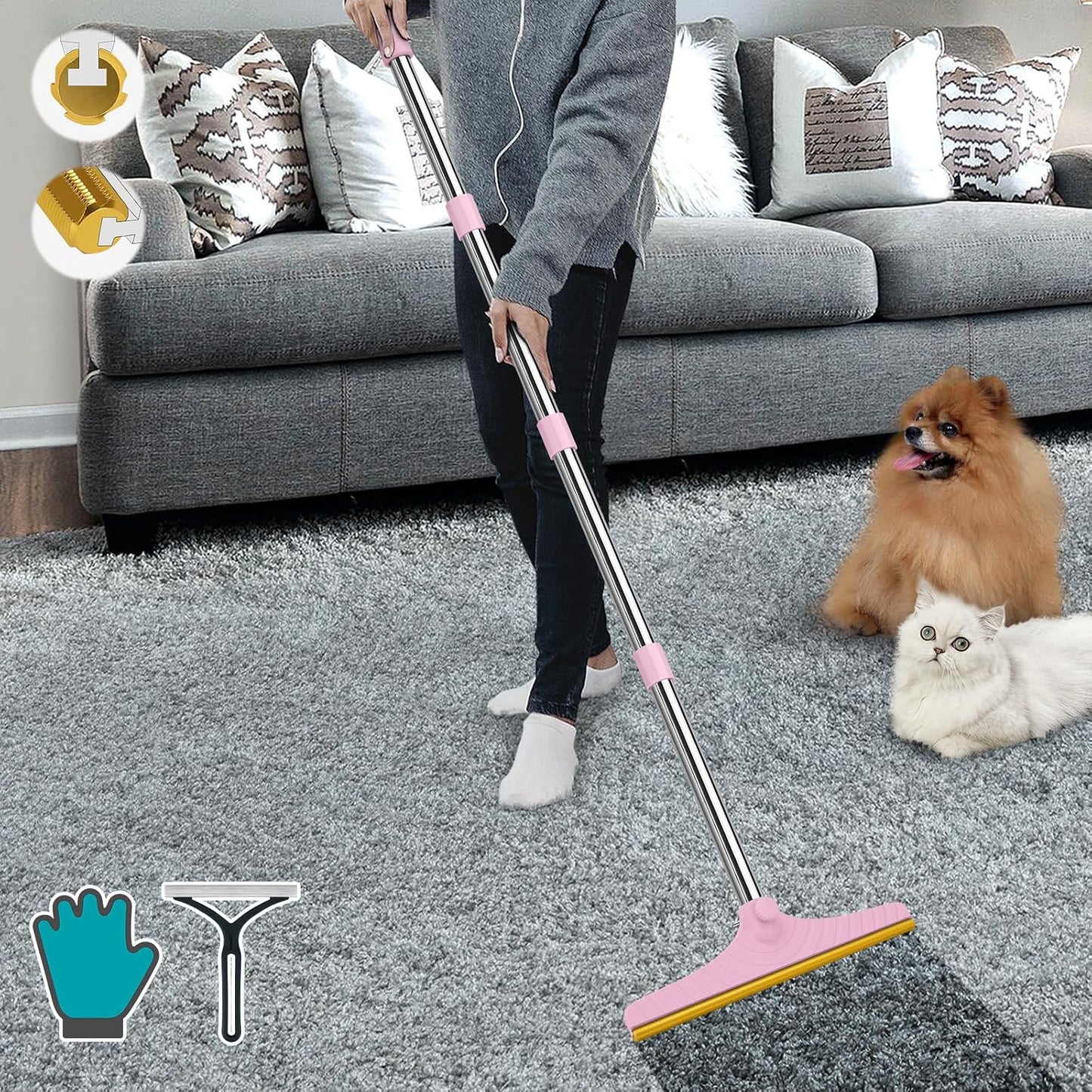 B-Land Carpet Rake for Pet Hair Removal, Reusable Pet Hair Remover with 60" Adjustable Long Handle, Carpet Scraper Broom Dog Cat Hair Remover Tool Fur Sweeper for Rugs, Mats - Image 10