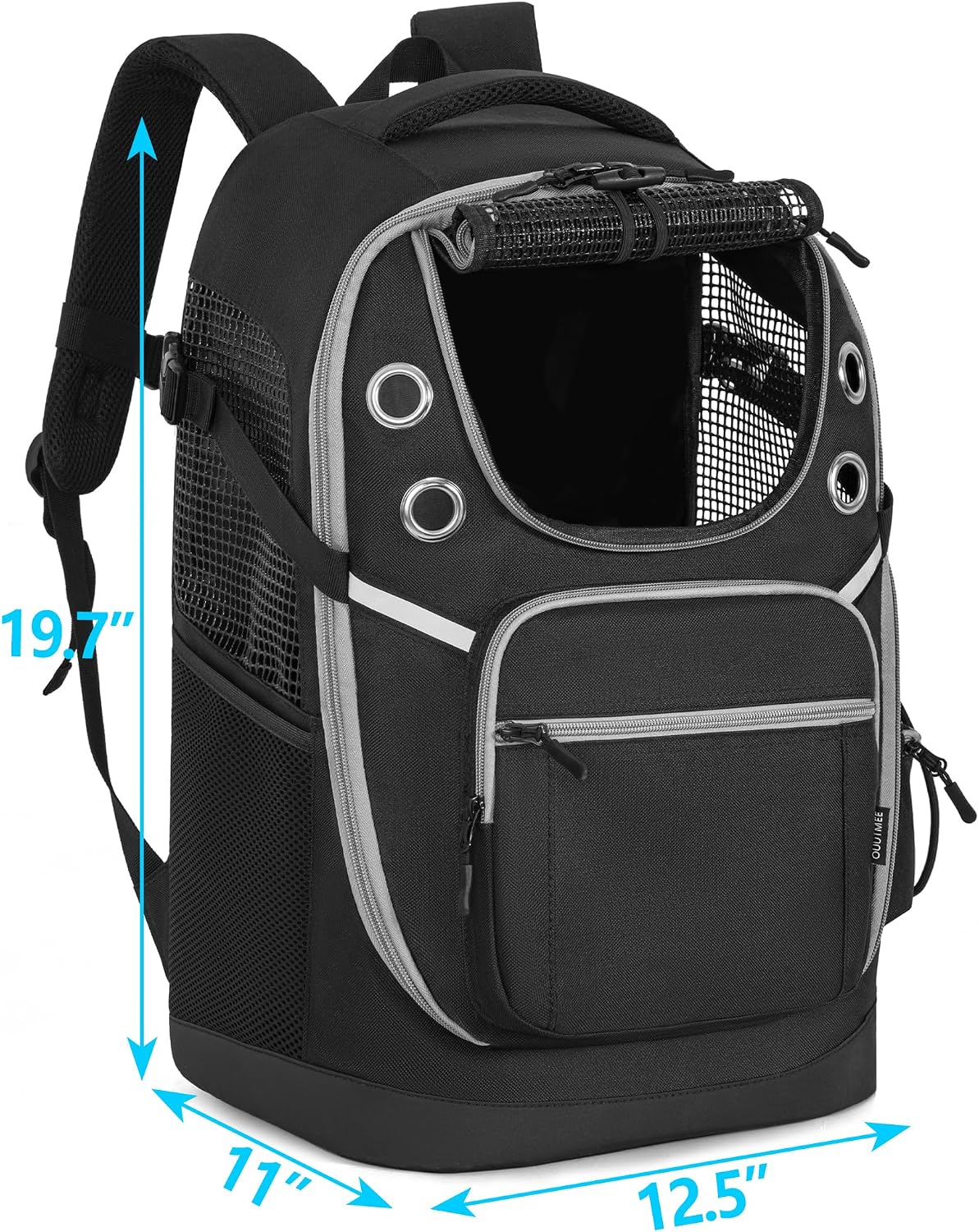 Black OUUTMEE pet travel bag being worn by a person during outdoor camping