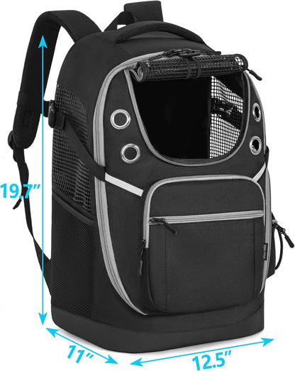 Black OUUTMEE pet travel bag being worn by a person during outdoor camping