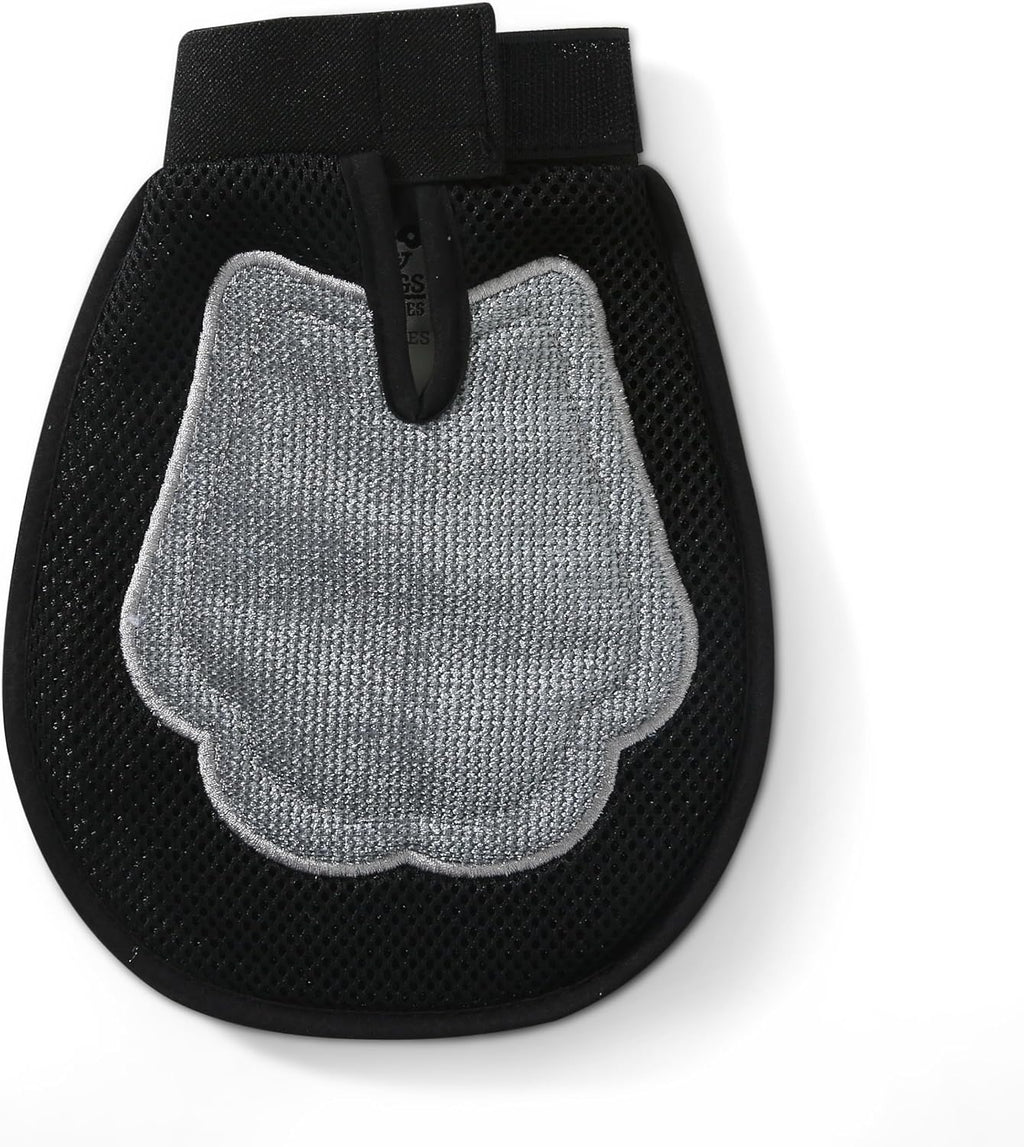 Back view of the 2 in 1 pet grooming mitt highlighting the black mesh fabric and adjustable wrist strap.