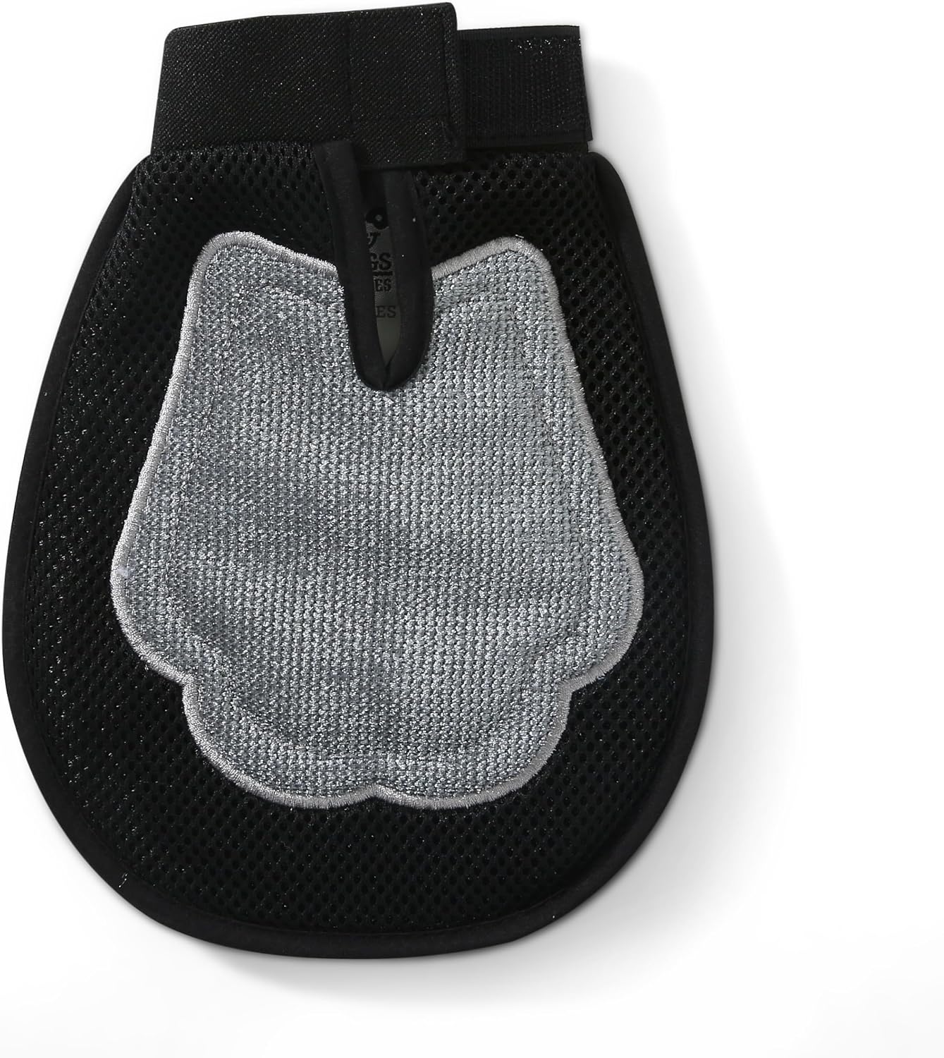 Back view of the 2 in 1 pet grooming mitt highlighting the black mesh fabric and adjustable wrist strap.