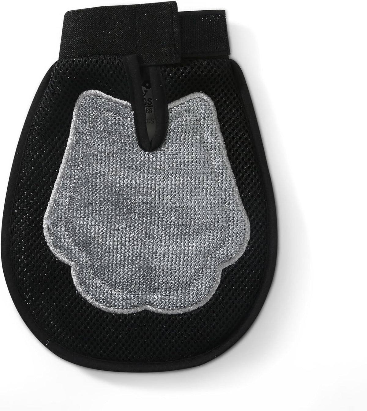 Back view of the 2 in 1 pet grooming mitt highlighting the black mesh fabric and adjustable wrist strap.