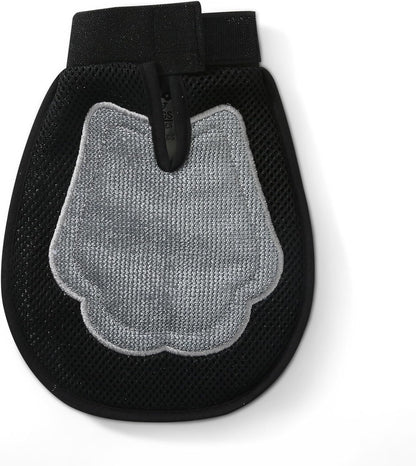 Back view of the 2 in 1 pet grooming mitt highlighting the black mesh fabric and adjustable wrist strap.