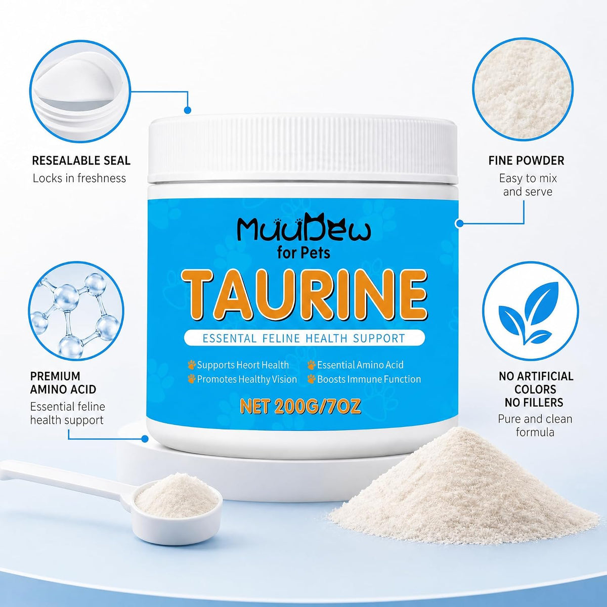 Zybeauty unflavored cat taurine supplement jar displaying directions for heart and vision support.