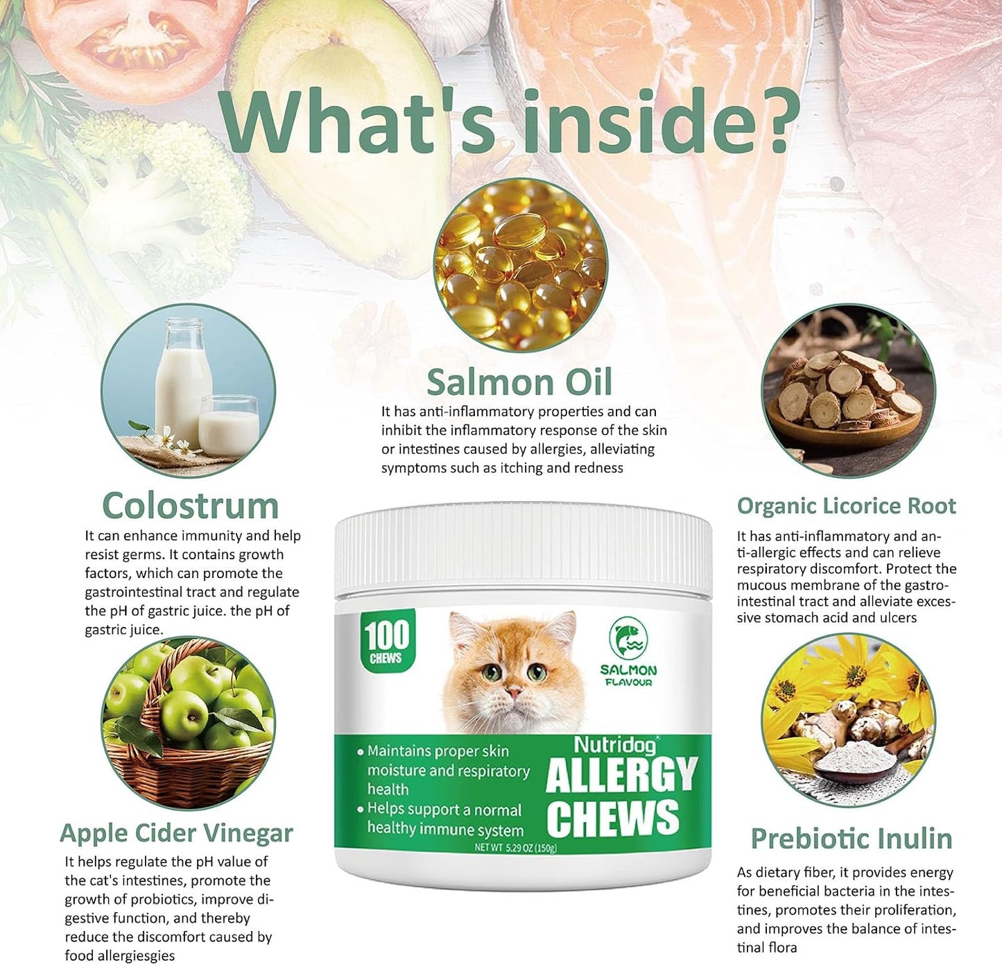 Close up shot of Carmelie cat allergy soft chews highlighting the bite sized salmon flavored supplements.