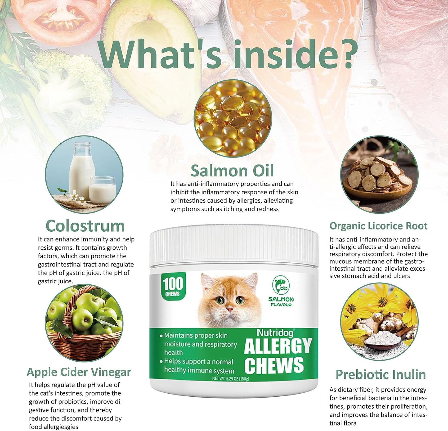 Close up shot of Carmelie cat allergy soft chews highlighting the bite sized salmon flavored supplements.