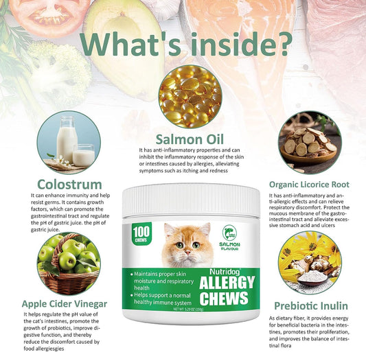 Close up shot of Carmelie cat allergy soft chews highlighting the bite sized salmon flavored supplements.
