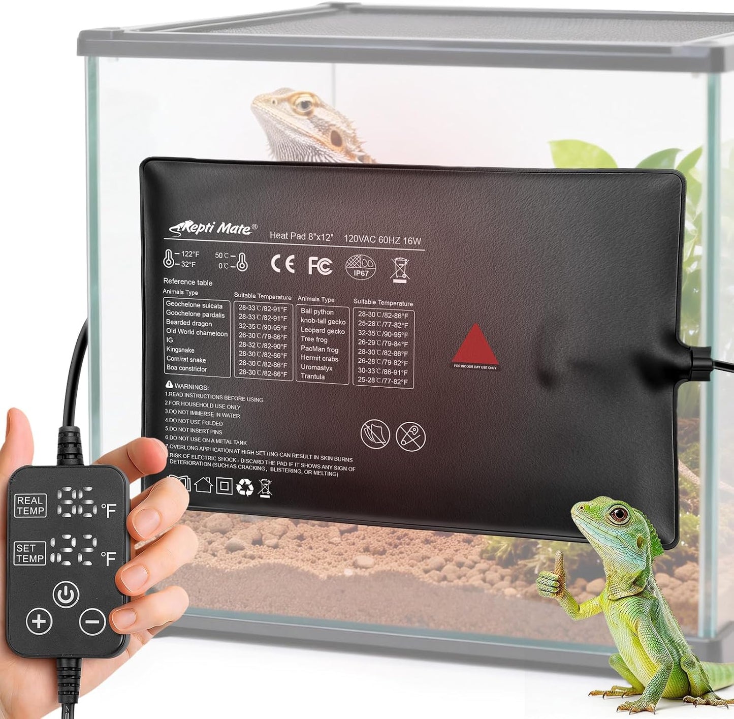 Reptile Heating Pad with Internal Sensor&Thermostat, 8" x 6" 8W Under Tank Heater Mat for 10-20 Gallon Tanks, IP67 Waterproof Safe Heat for Turtles, Bearded Dragons, Snakes, Lizards and Seedling - Image 9