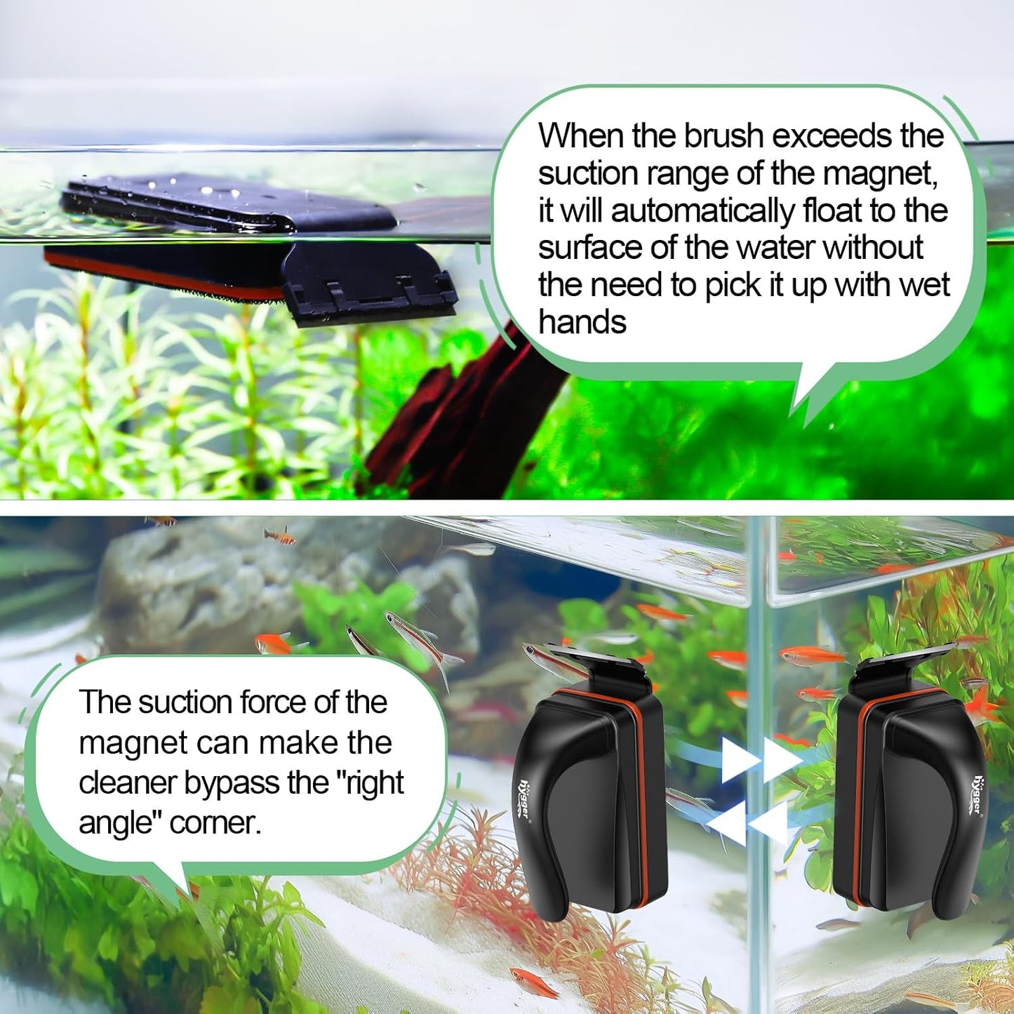Hygger double sided magnetic tank cleaner being used on a small zero point two five inch glass fish tank