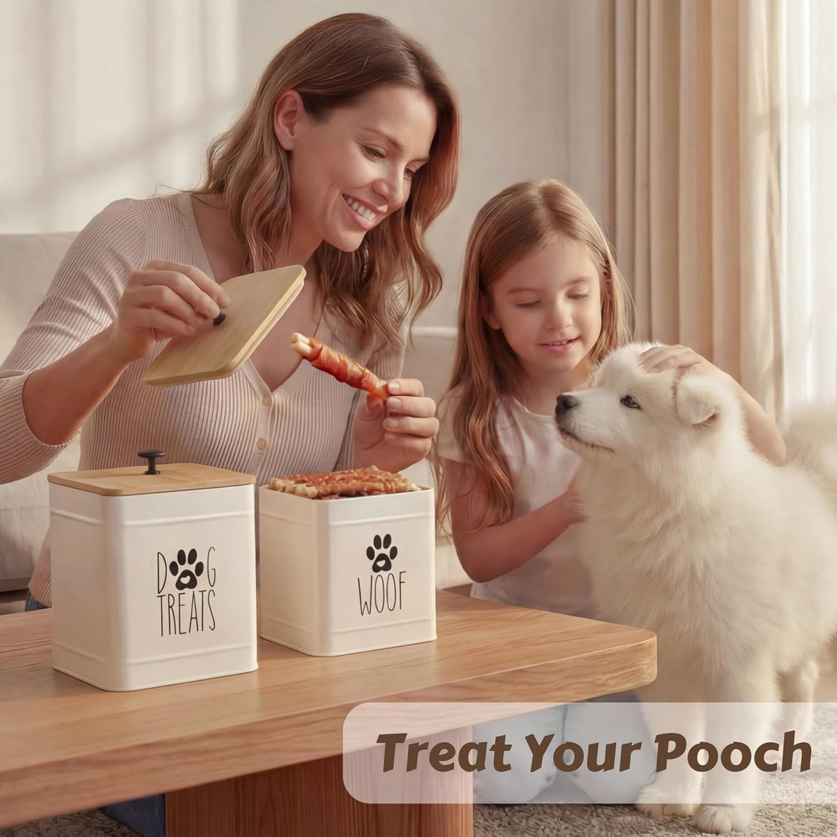 Top view of Perfnique white dog treat jars set