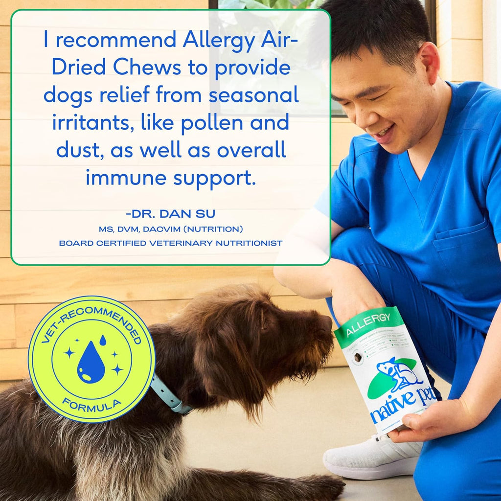 Native Pet allergy and immunity bites showing natural ingredients and feeding guide.