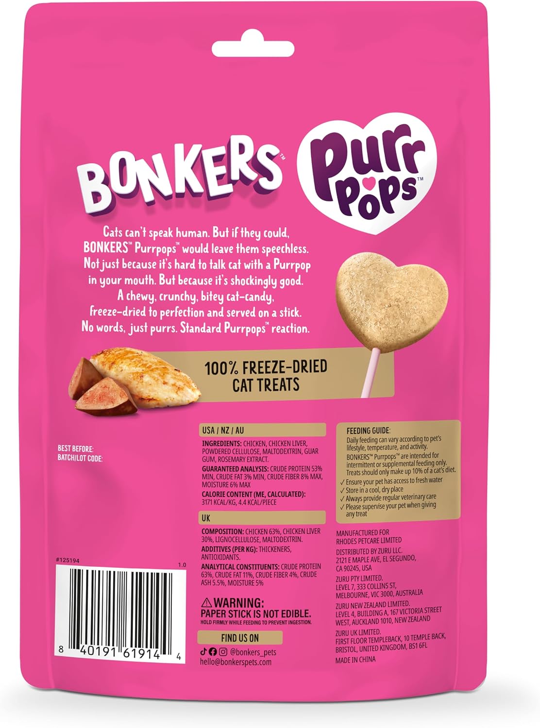 Pack of 13 Bonkers Purrpops cat treats on white background