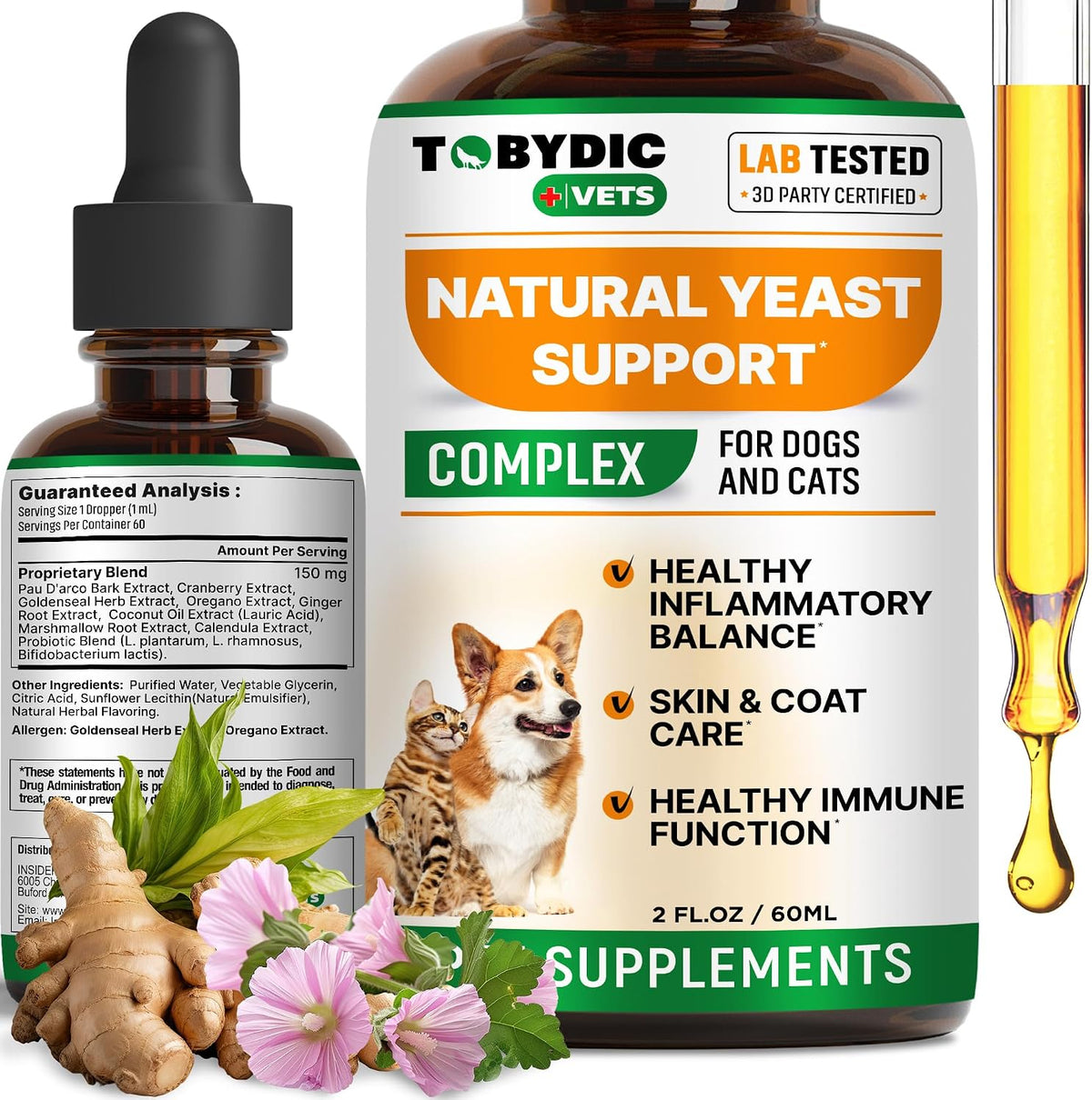 Tobydic Natural Yeast Support liquid drops for dogs and cats front view bottle with dropper