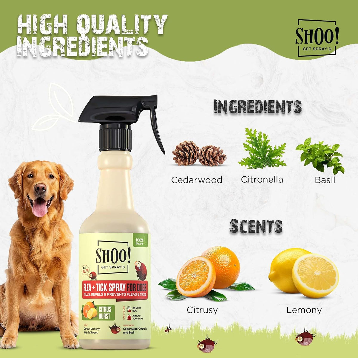 Natural ingredient essential oil flea and tick spray for dogs.