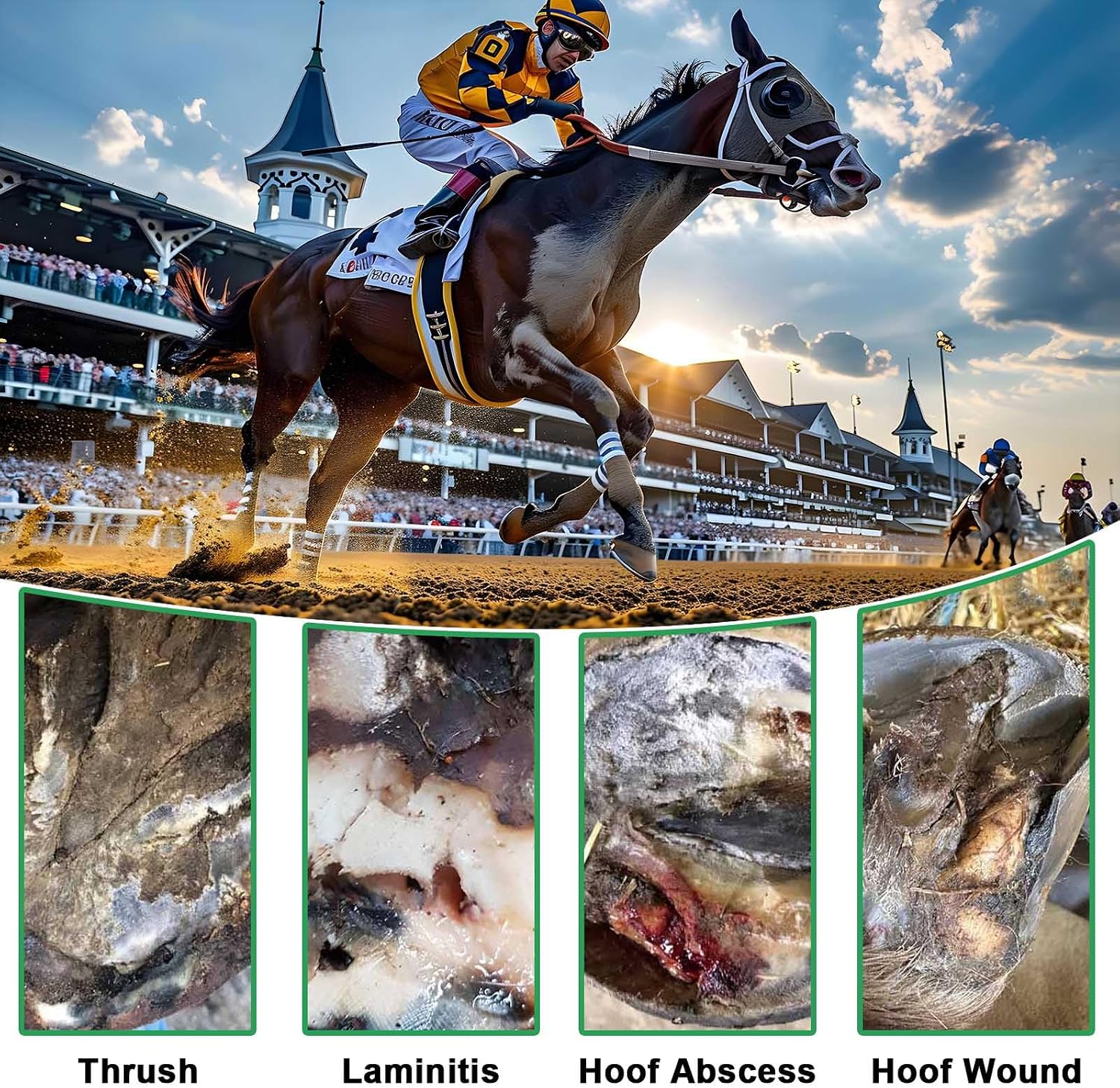 Step by step instruction layout for using magic cushion hoof packing with adhesive tape.