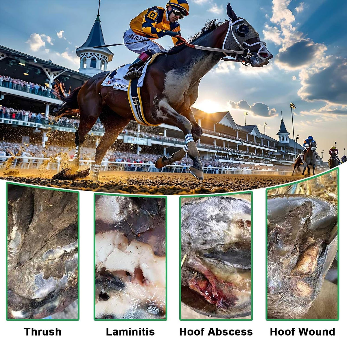 Step by step instruction layout for using magic cushion hoof packing with adhesive tape.