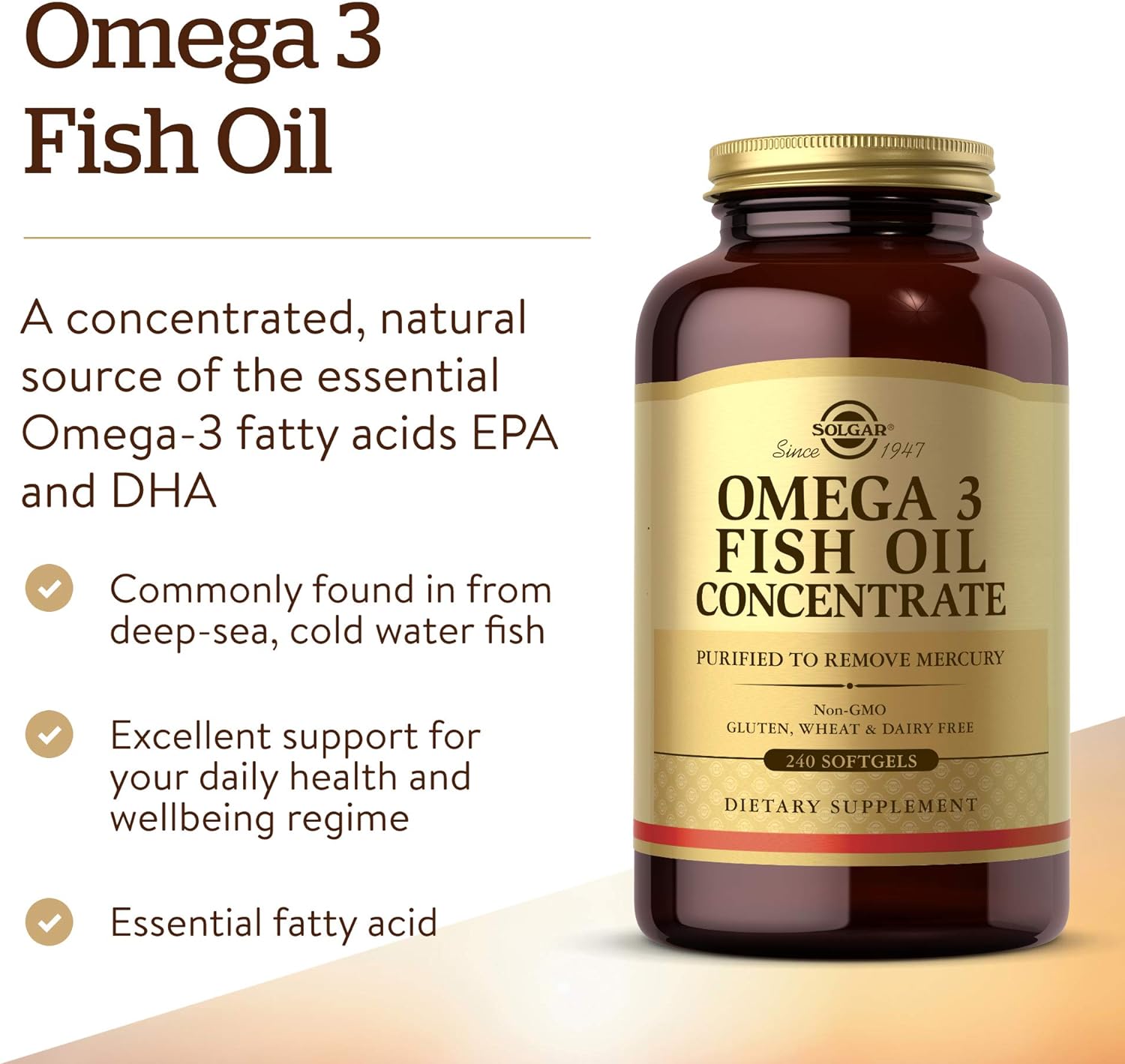 Solgar Omega 3 Fish Oil 240 Softgels packaging displaying the allergen and purification information.