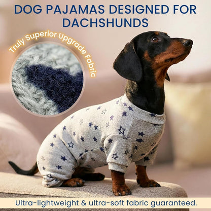T'CHAQUE dog onesie displaying the high-elastic grey star pattern material.