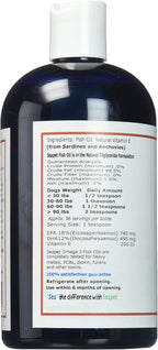 Close-up of the ingredient list on Sea Pet Omega Plus showing pure sardine and anchovy oils combined with natural Vitamin E.
