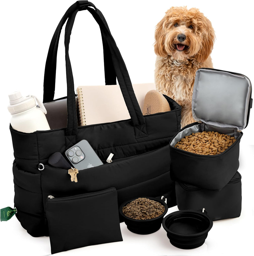 rubyloo Puffer Dog Travel Bag for Dog Moms - Doggy Diaper Bag with Pet Bowls & Food Storage or Everyday Puffy Tote - Doggy Mom Gifts for Women - Lightweight, Travel-Ready Gift for Pet Lovers - Beige - Image 12