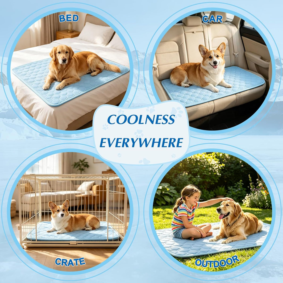 Mannice cat and dog cooling bed placed inside a metal wire crate