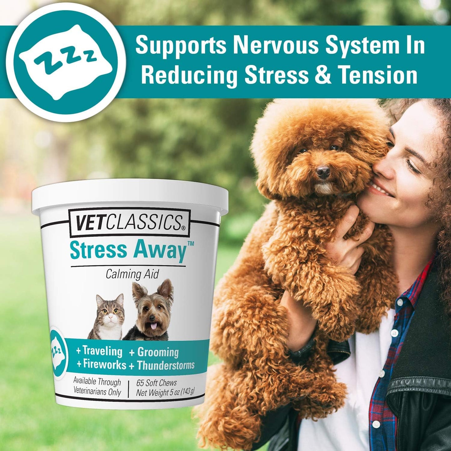Back label view of 65 count Vet Classics calming chews detailing specific weight based dosage instructions