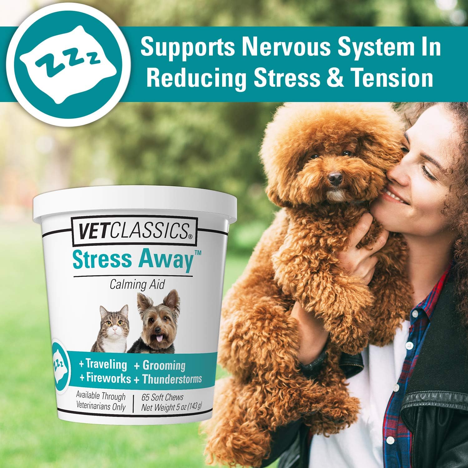 Back label view of 65 count Vet Classics calming chews detailing specific weight based dosage instructions