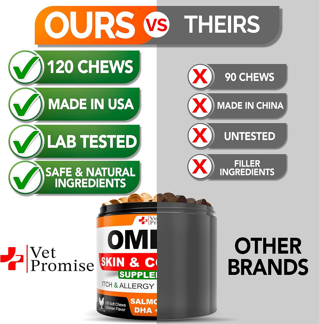 Chicken flavored omega 3 treats for pet dry skin treatment display