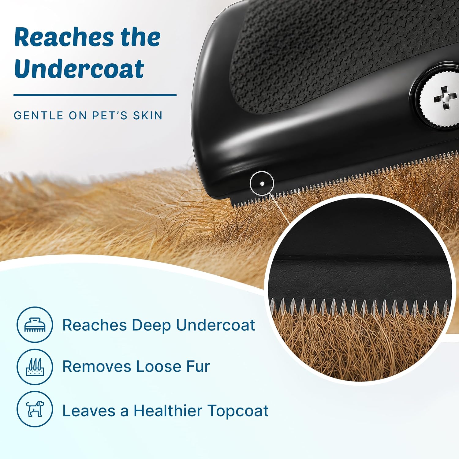 The textured non-slip grip handle of the Rhykin Pet Co. grooming tool showcased from a side angle.