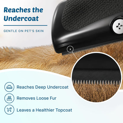 The textured non-slip grip handle of the Rhykin Pet Co. grooming tool showcased from a side angle.