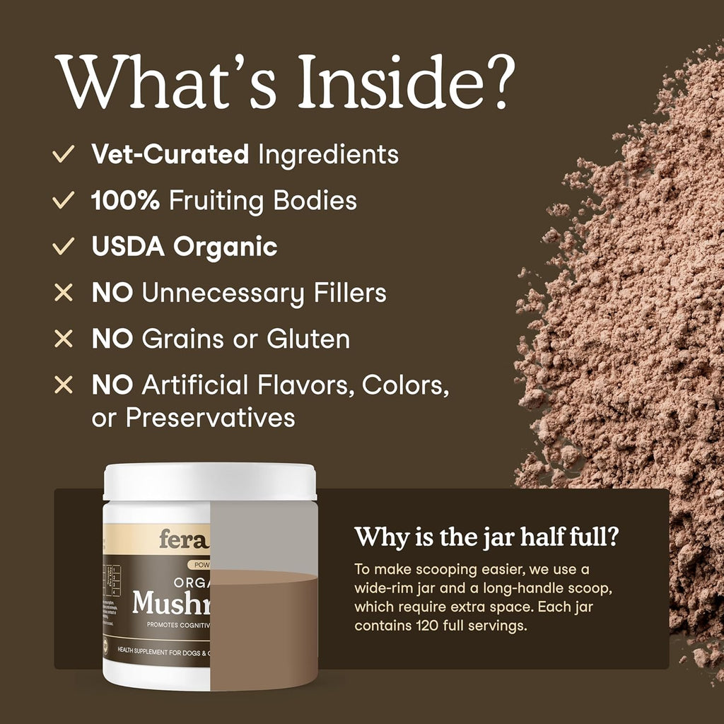 Fera Pets USDA organic certified mushroom blend powder formula for pet cognitive health