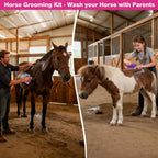 Durable pink fabric storage bag with exterior pockets for horse care tools.