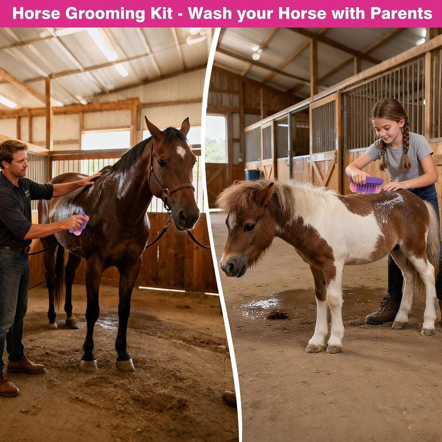 Durable pink fabric storage bag with exterior pockets for horse care tools.