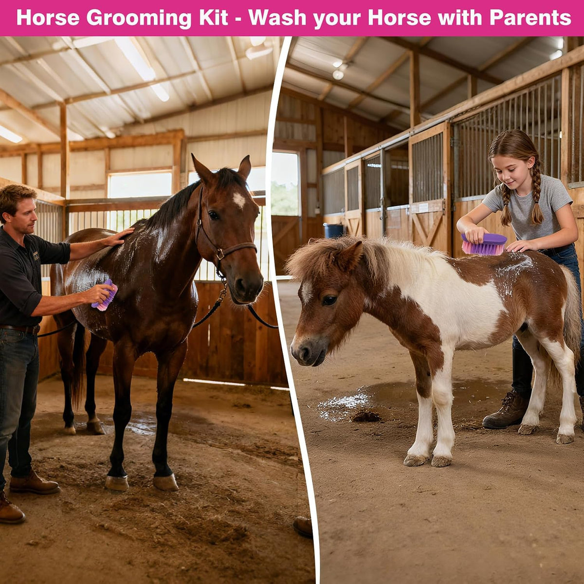 Durable pink fabric storage bag with exterior pockets for horse care tools.