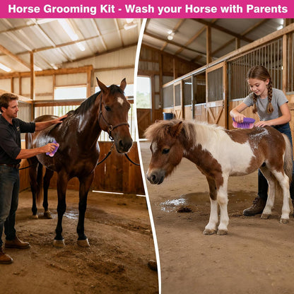 Durable pink fabric storage bag with exterior pockets for horse care tools.