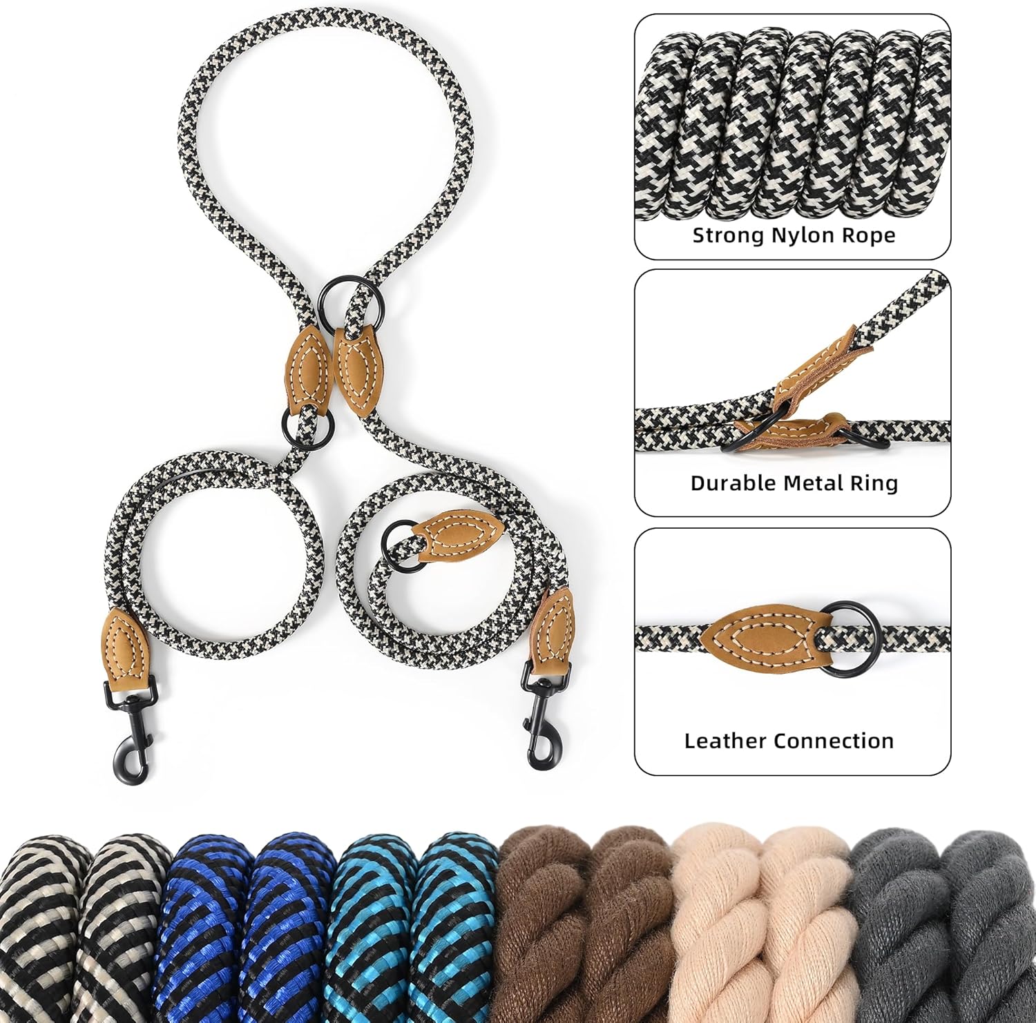 Mile High Life double dogs rope lead laid out flat highlighting metal O-rings and hooks