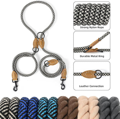 Mile High Life double dogs rope lead laid out flat highlighting metal O-rings and hooks